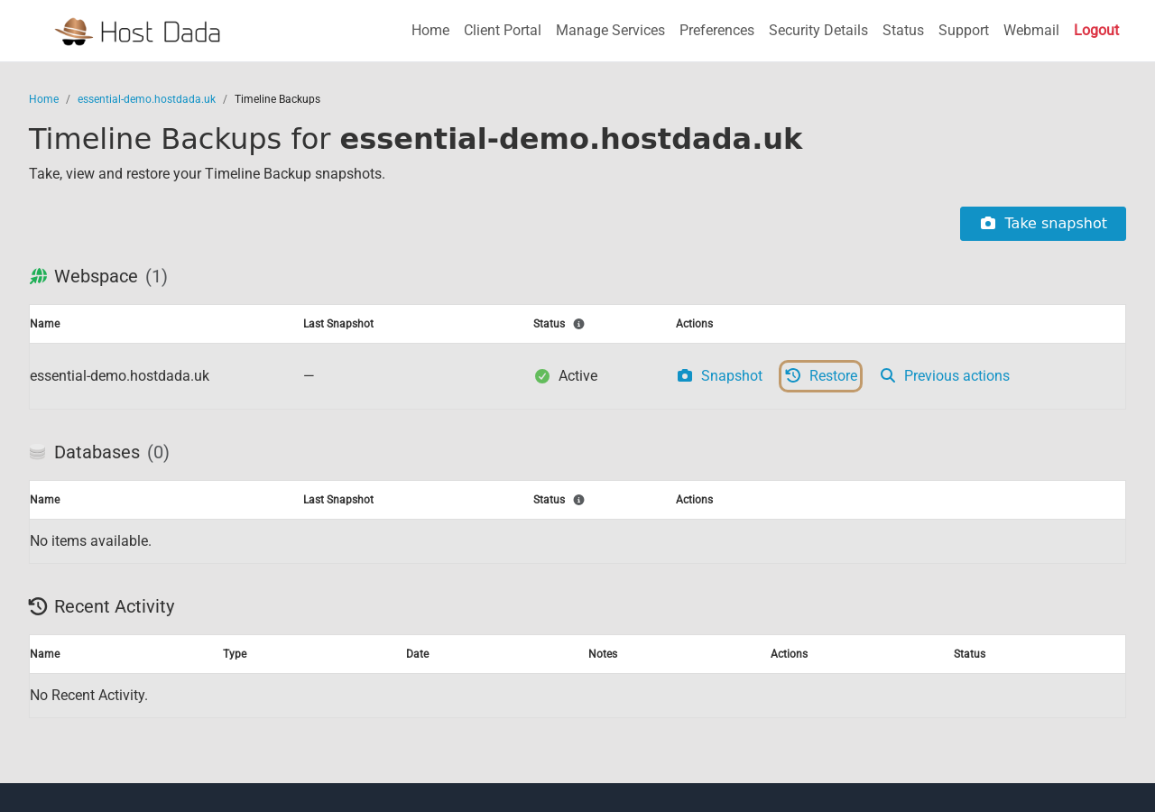 The Timeline Backups page with Take snapshot, the Webspace row with Snapshot, Restore and Previous actions, a Databases section and Recent Activity