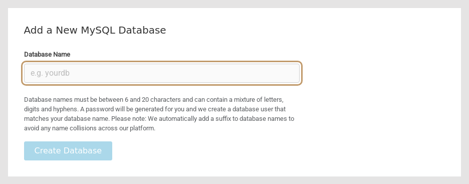 The Add a New MySQL Database form with the Database Name field outlined and the Create Database button