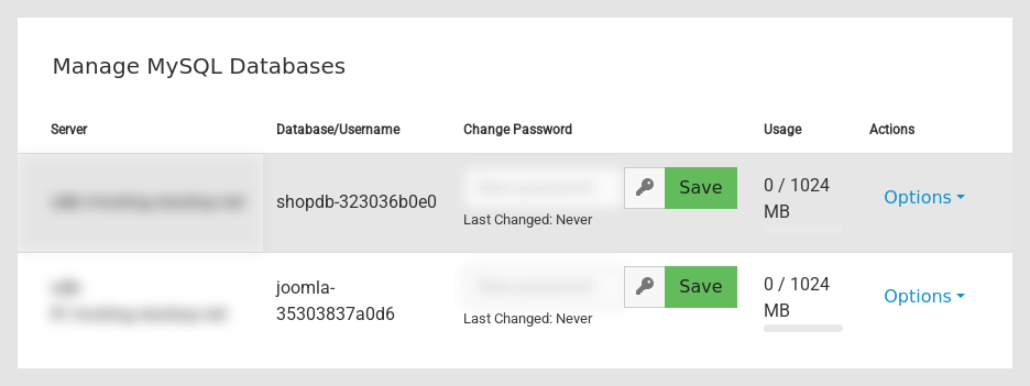 The Manage MySQL Databases table showing Server (blurred), Database/Username, Change Password with a Save button, Usage and Options