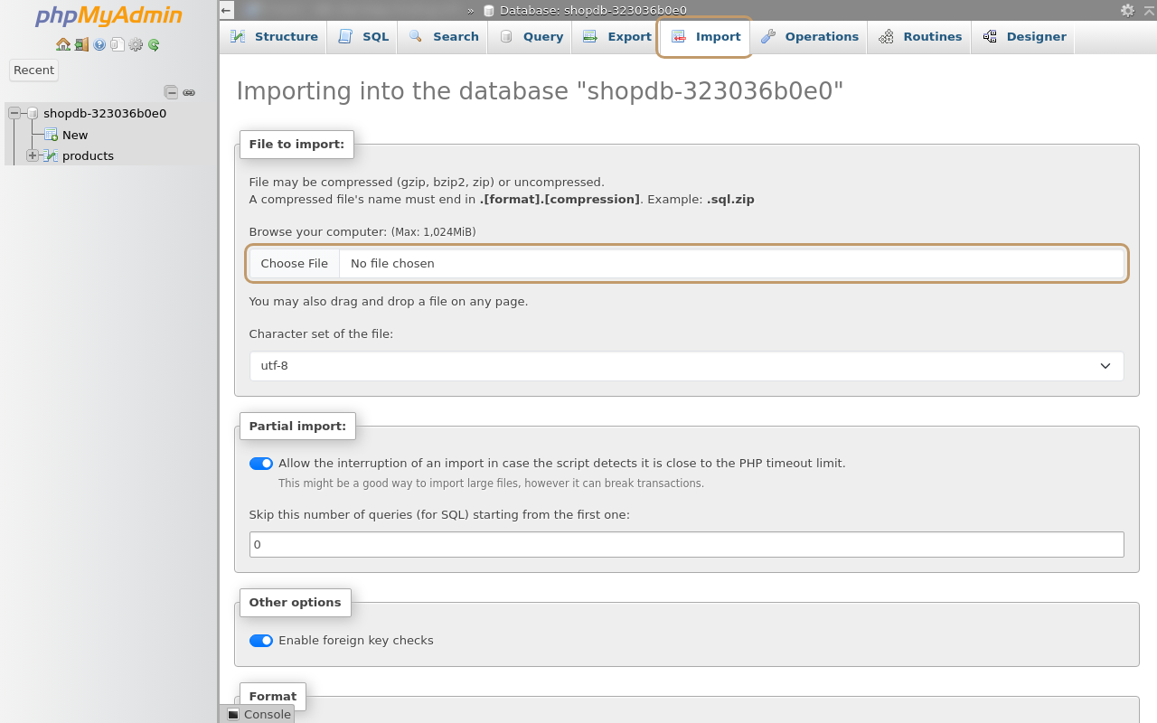 phpMyAdmin Import tab with the file chooser outlined and a maximum size of 1,024 MiB