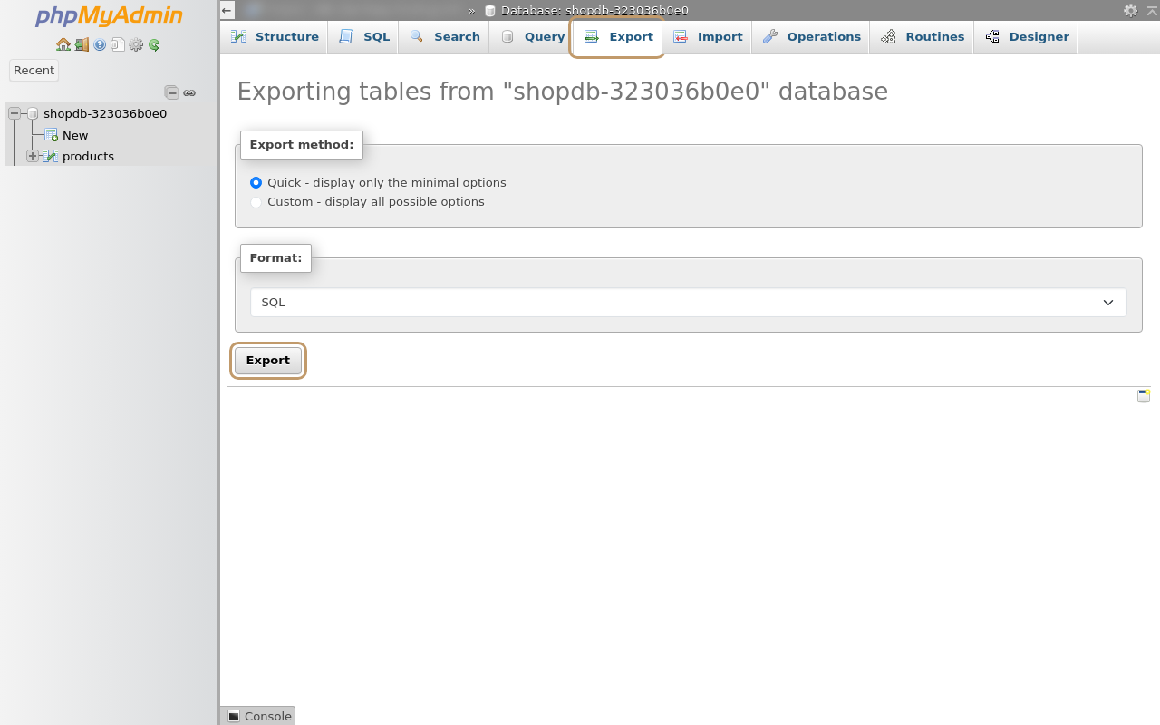 phpMyAdmin Export tab with Quick export method and SQL format selected and the Export button outlined