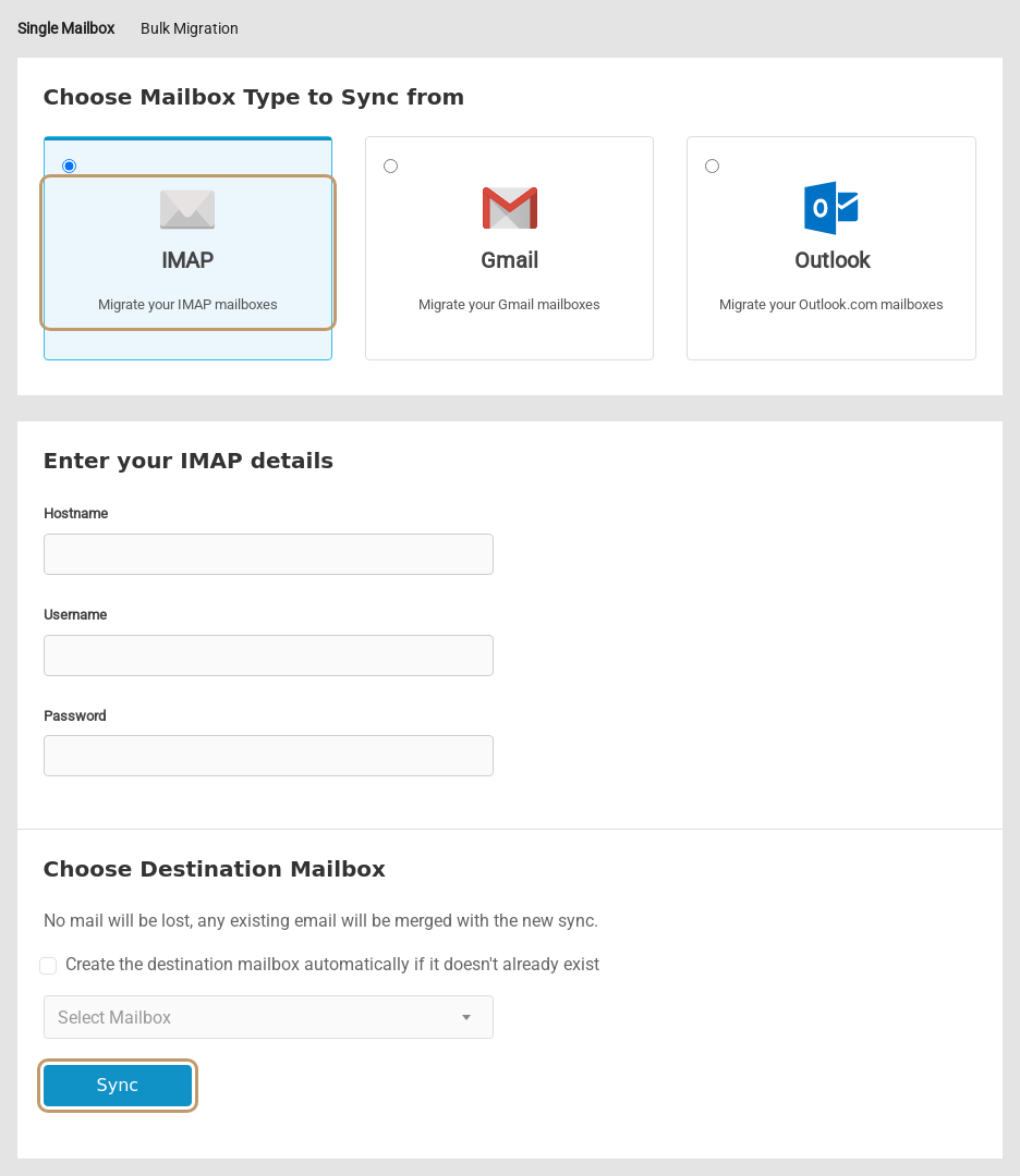 The Email Migration page with IMAP, Gmail and Outlook source options, Hostname, Username and Password fields, the Choose Destination Mailbox section and the Sync button