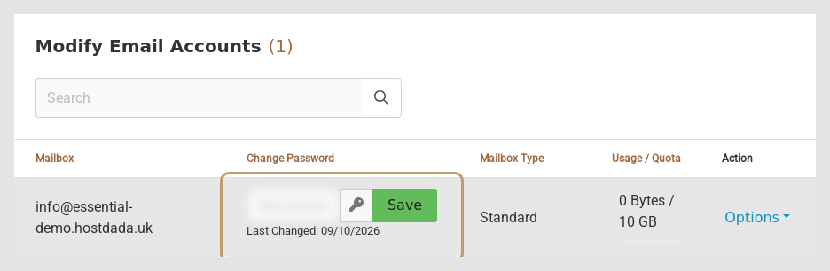 The Modify Email Accounts table with the Change Password box, key button and Save button outlined for a mailbox