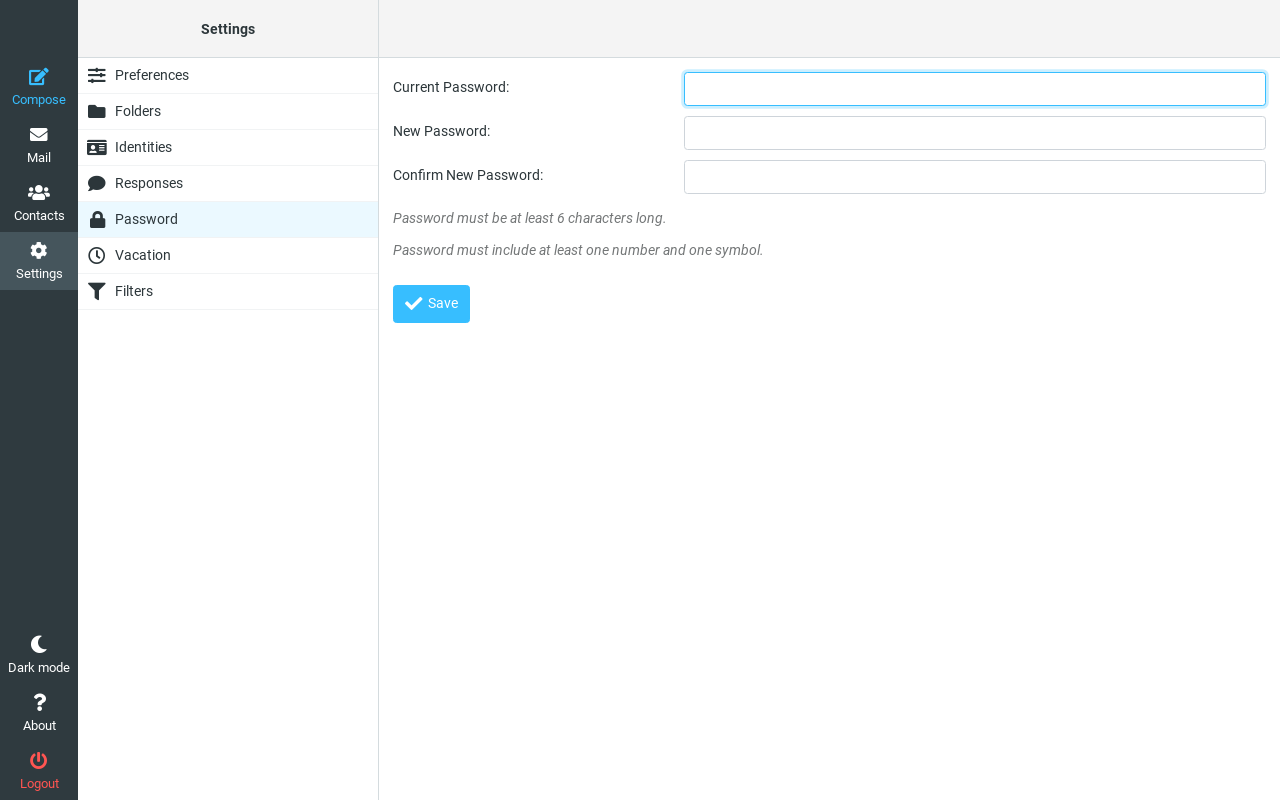 Host Dada Webmail Settings with Password selected, showing Current Password, New Password and Confirm New Password boxes and a Save button