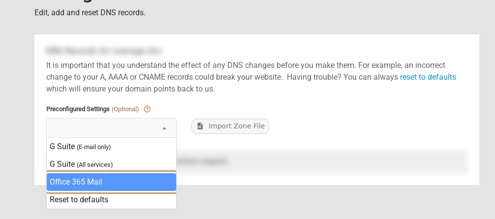 The Manage DNS page in the Host Dada Control Panel with the Preconfigured Settings drop-down open and Office 365 Mail highlighted