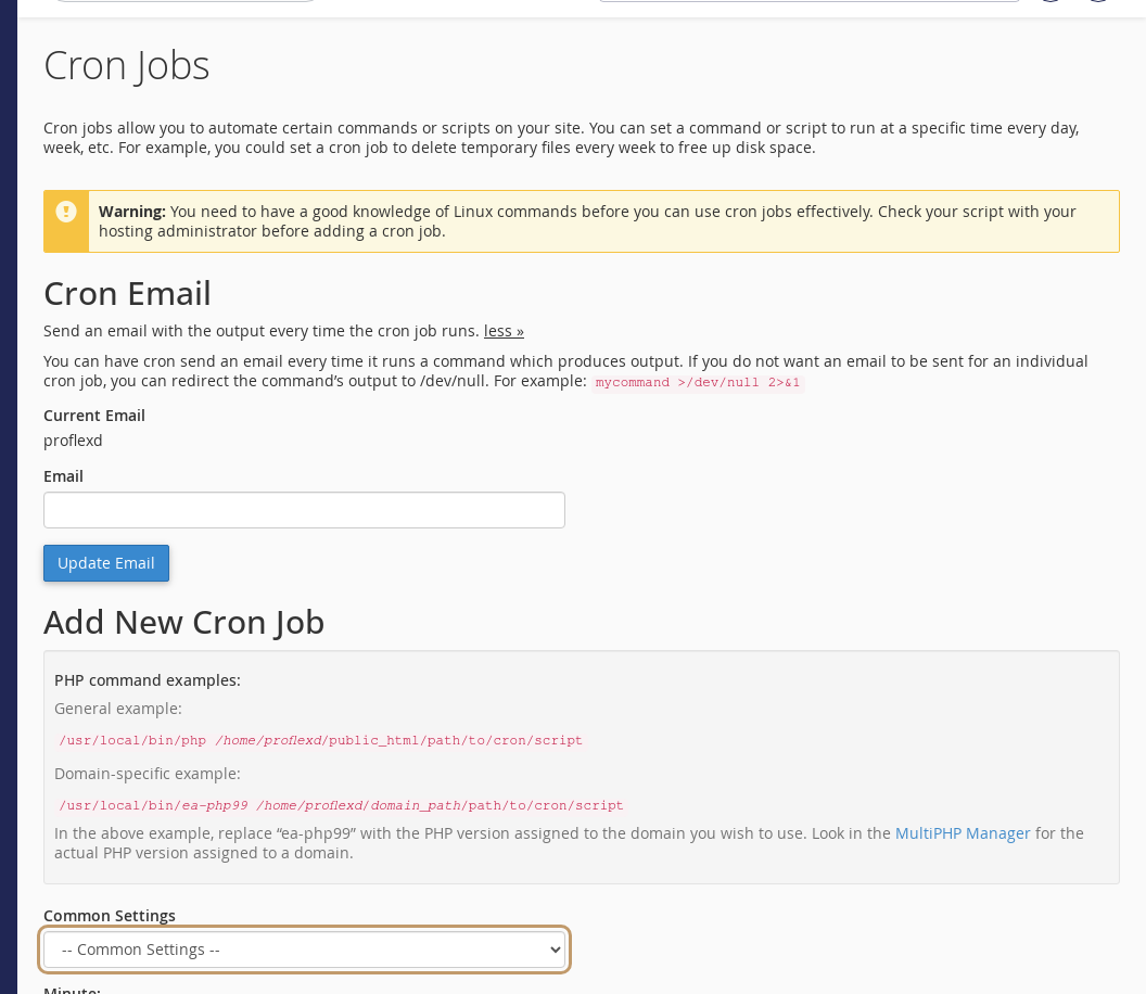 The Cron Jobs page in cPanel showing Cron Email and the Add New Cron Job form with the Common Settings menu highlighted