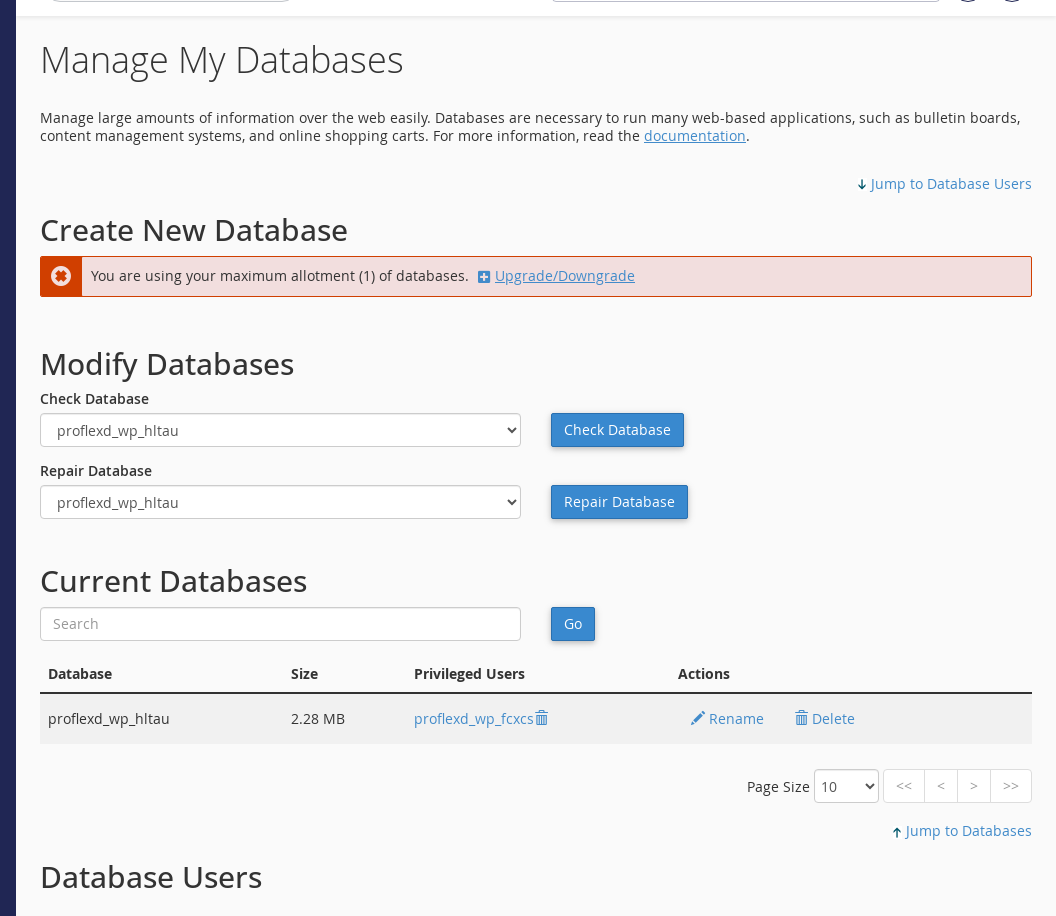Manage My Databases in cPanel showing the Modify Databases tools and the Current Databases list