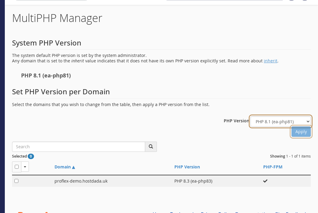 MultiPHP Manager in cPanel with the PHP Version menu and Apply button highlighted above the domain list