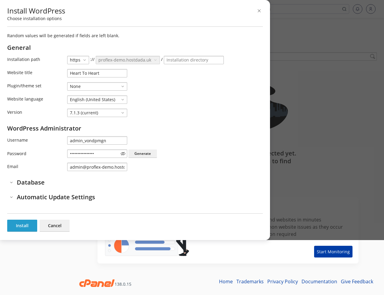 The WP Toolkit Install WordPress window showing installation path, website title, language, version and administrator fields