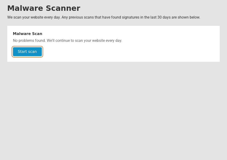 The Malware Scanner page in the Host Dada Control Panel showing No problems found and a highlighted Start scan button