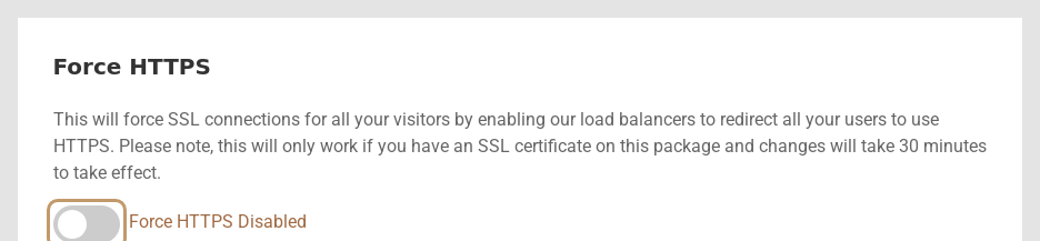 The Force HTTPS section of the SSL/TLS page in the Host Dada Control Panel, with the on/off switch highlighted