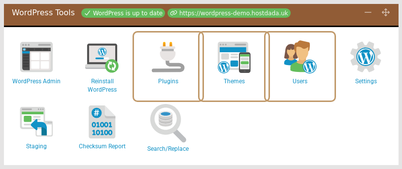 The WordPress Tools section of the Host Dada Control Panel with the Plugins, Themes and Users icons highlighted